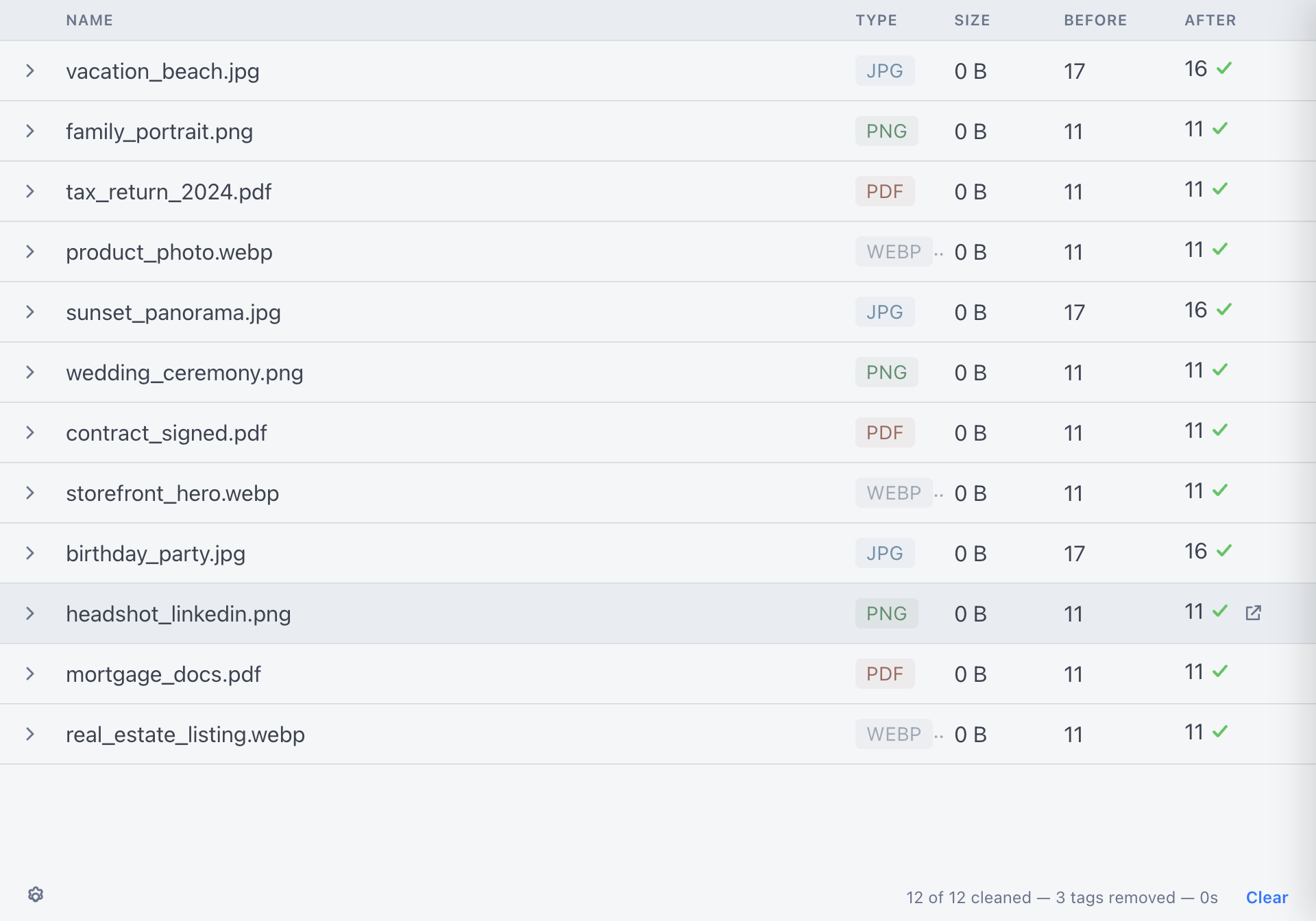 ExifCleaner application window showing processed files