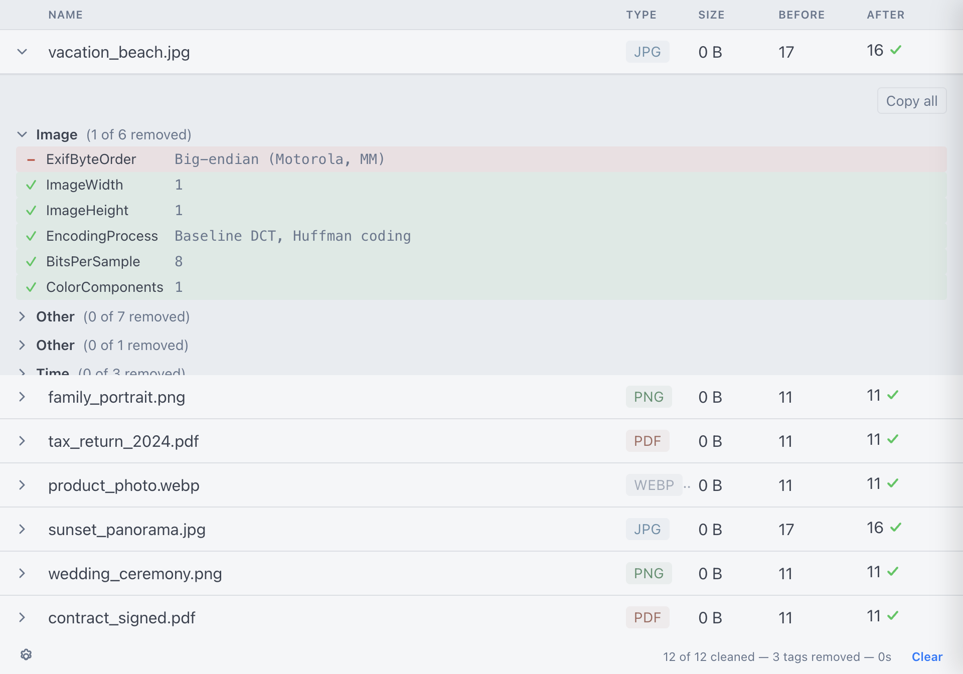 ExifCleaner metadata diff view