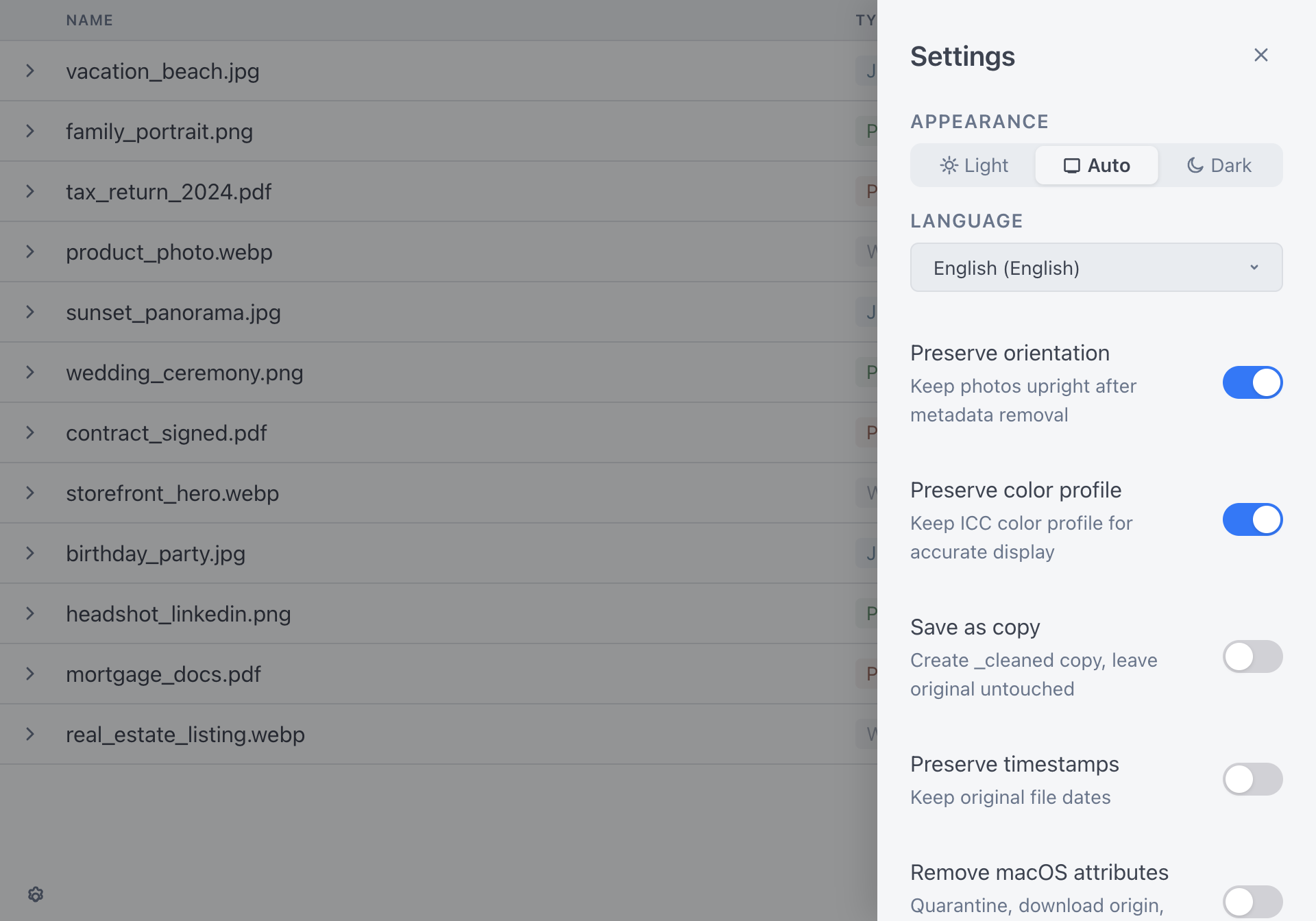 ExifCleaner settings panel with privacy toggles